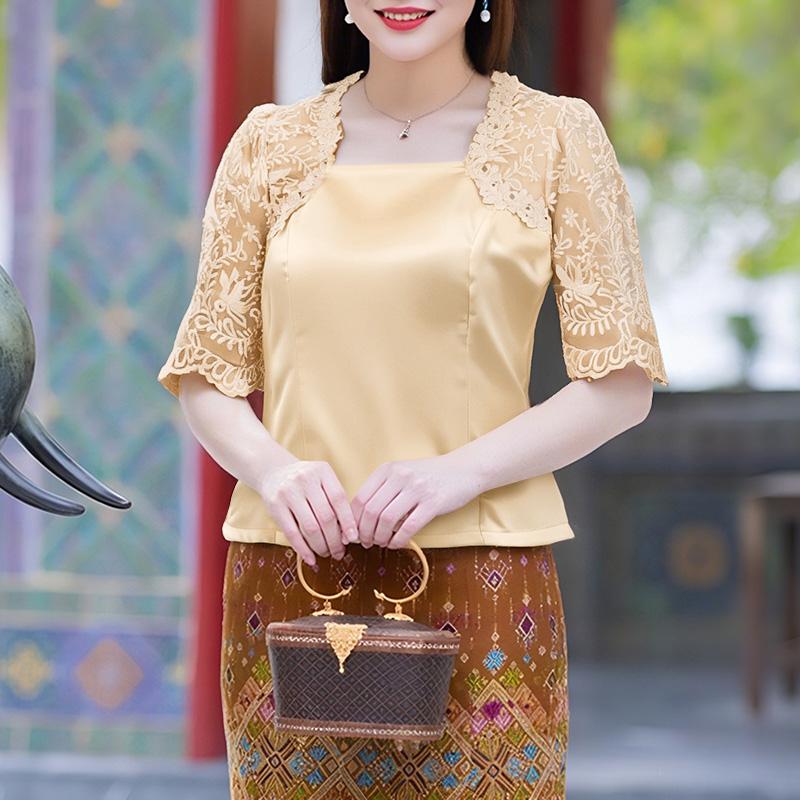 ZANZEA Women Square Neck Casual Lace Splice Half Sleeve Satin Blouse