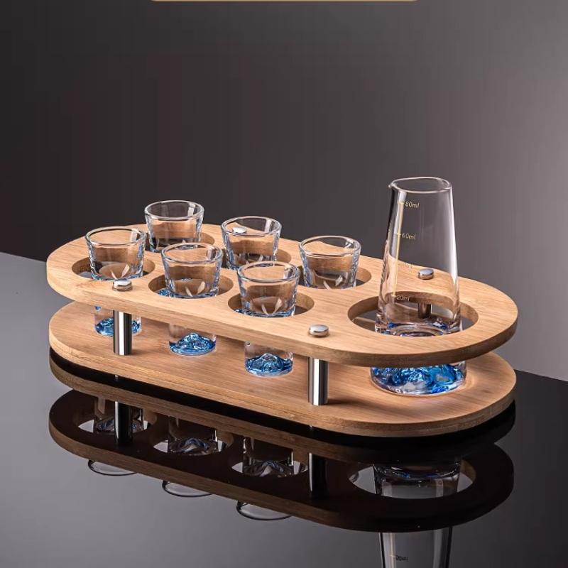 BRBlue Mountain Liquor Cup Transparent Glass Cup Wine Pot Set Wine Divider Drinking Utensils Wooden Frame Set Cups GlassesEY