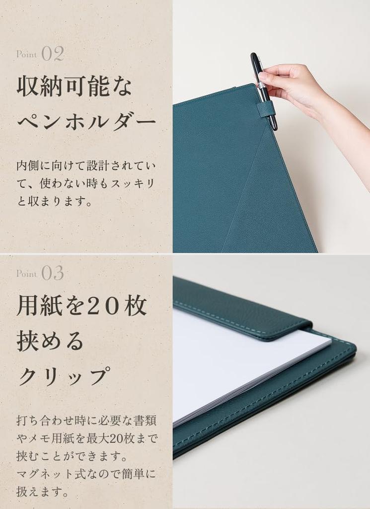 [LIB] Ambidextrous Leather Binder, Water-Repellent Original Leather, Genuine Cowhide, Unisex, Holds 20 Sheets, Magnetic Closure, A4 Size Compatible, w