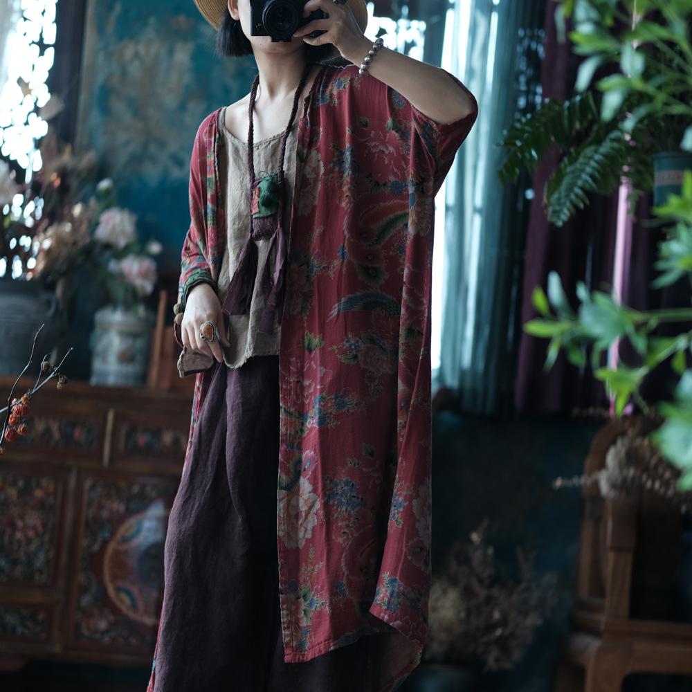 Johnature Women Vintage Print Floral Shirts Red Seven Sleeve Tops Summer Chinese Style Women Long Blouses