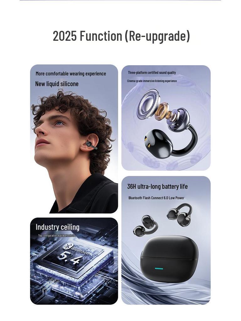 2025 Bluetooth Clip-on Headphones: Waterproof, Noise-Cancelling, Long Battery, Sports Comfort, AI Translation, Sound Leak-Free.