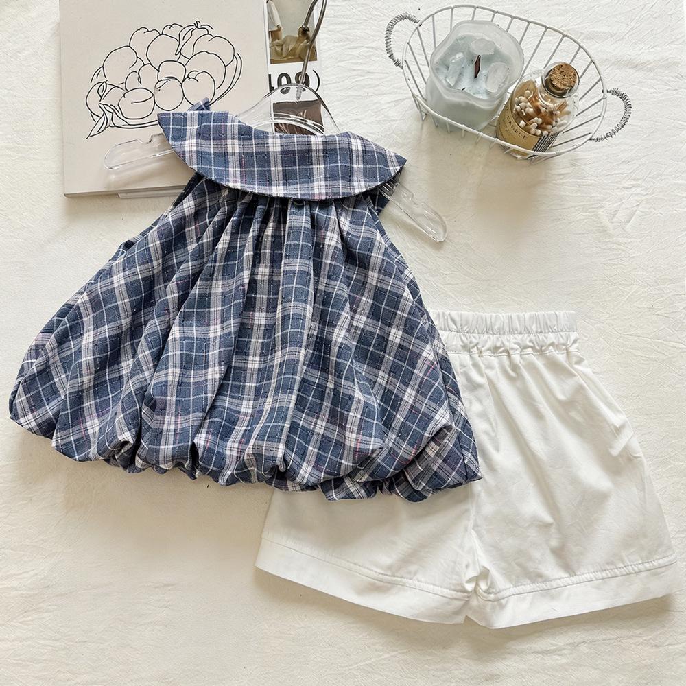 Girls Summer Preppy Blue White Plaid Bubble Hem Sleeveless Top And White Shorts Two Piece Outfit Set