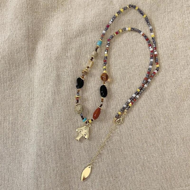 French Vintage Natural Stone Beaded Necklace Unique Sunrises Mushroom Pendant Handmade Winter Jewelry For Women Gift