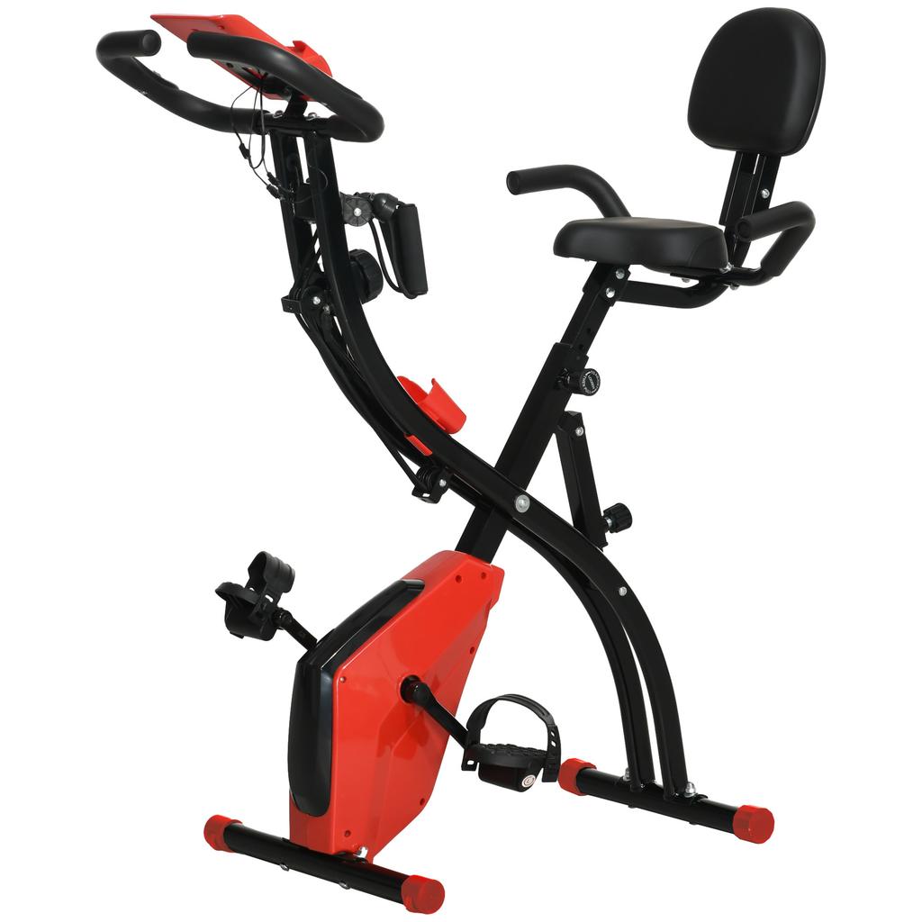 2-in-1 Folding Exercise Bike with 8-Level Magnetic Resistance, Arm Resistance Band, Pulse Sensor, Red