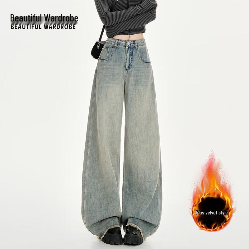 

Beautiful Wardrobe Women s Retro High-Waist Wide-Leg Jeans with Fleece Lining XL