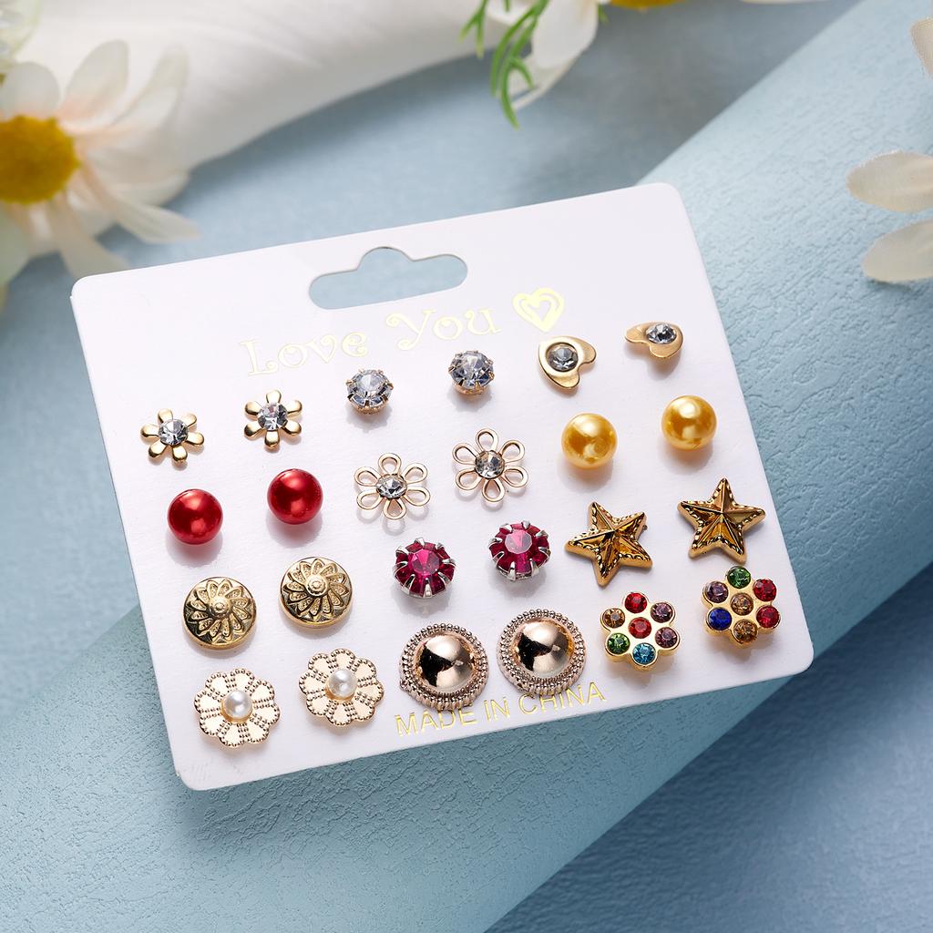 12 Pairs/Set Flower Heart Earrings Set for Women Geometric Rhinestone Simulated Pearl Piercing Ball Earring Jewelry Accessories