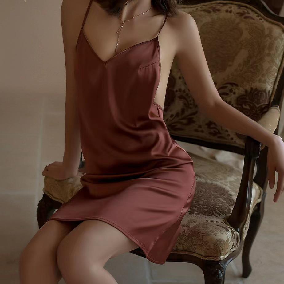 Ruo Lan Silk-like V-neck Strappy Camisole Nightgown - Tempting Light Luxury Style