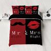 3-piece Down Duvet Cover Set with Red and Black Lips and Beard Print (1 Duvet Cover+2 Pillowcases, No Core) Couple's Bedding Set