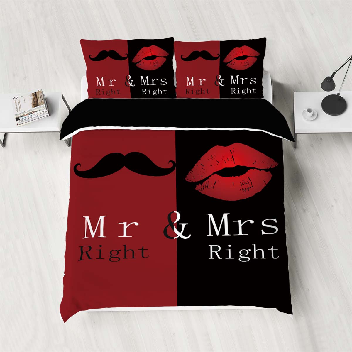 

3-piece down duvet cover set with red and black lips and beard print (1 duvet cover+2 pillowcases, no core) couple s bedding set 135x200cm-EU-Single