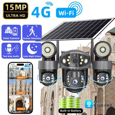 4G/WIFI Solar-powered Security Camera, Triple Lens, Triple Screen, Full-color Night Vision, Motion Detection, Wireless Monitoring