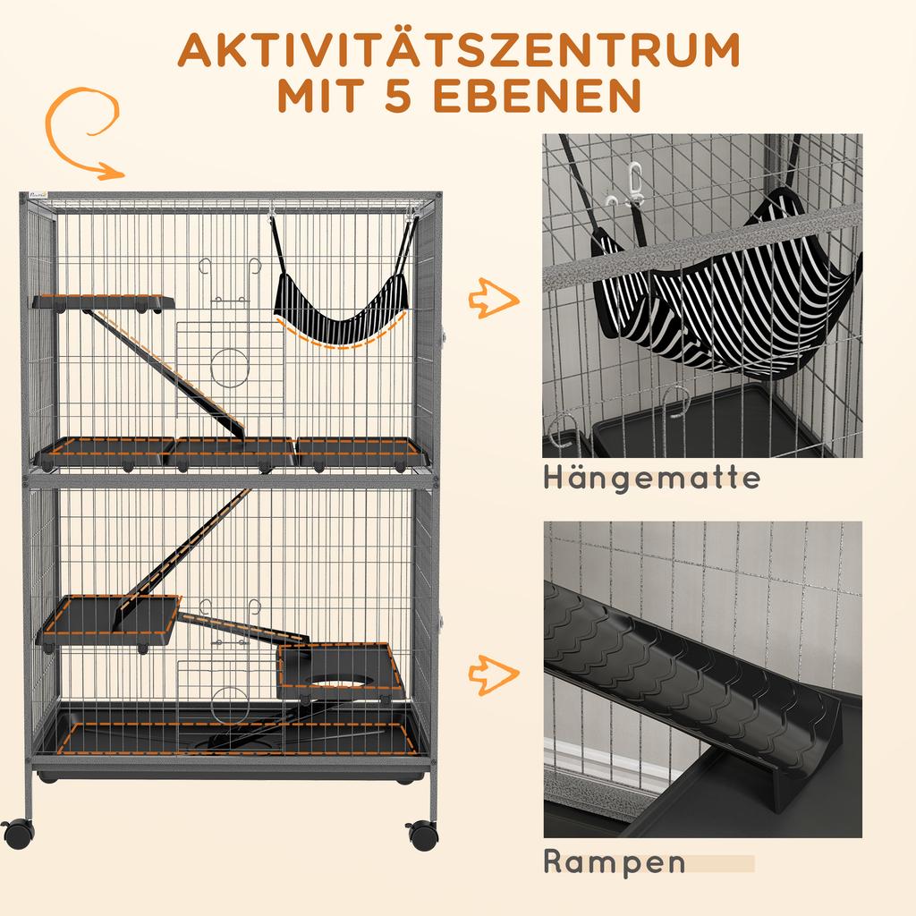 Small Animal Cage for Chinchilla Ferret Kitten On Wheels with Hammock Removable Tray, Grey