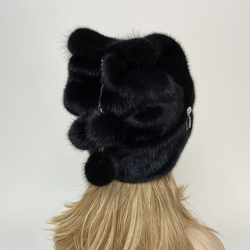 

New Luxury Winter Hats for Women Natural Mink Fur Balls Pompom Diamond Warm Snow Cap Outdoor Real Fur Hat Adjustable(55-60cm) чёрный
