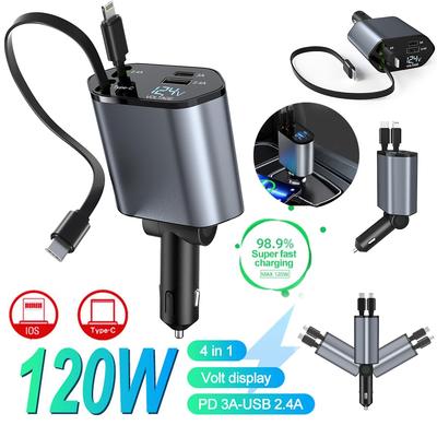 120W Retractable Car Charger 4 In 1 USB C Fast Charging Car Cigarette Lighter Charger Adapter for iPhone Xiaomi Huawei Samsung