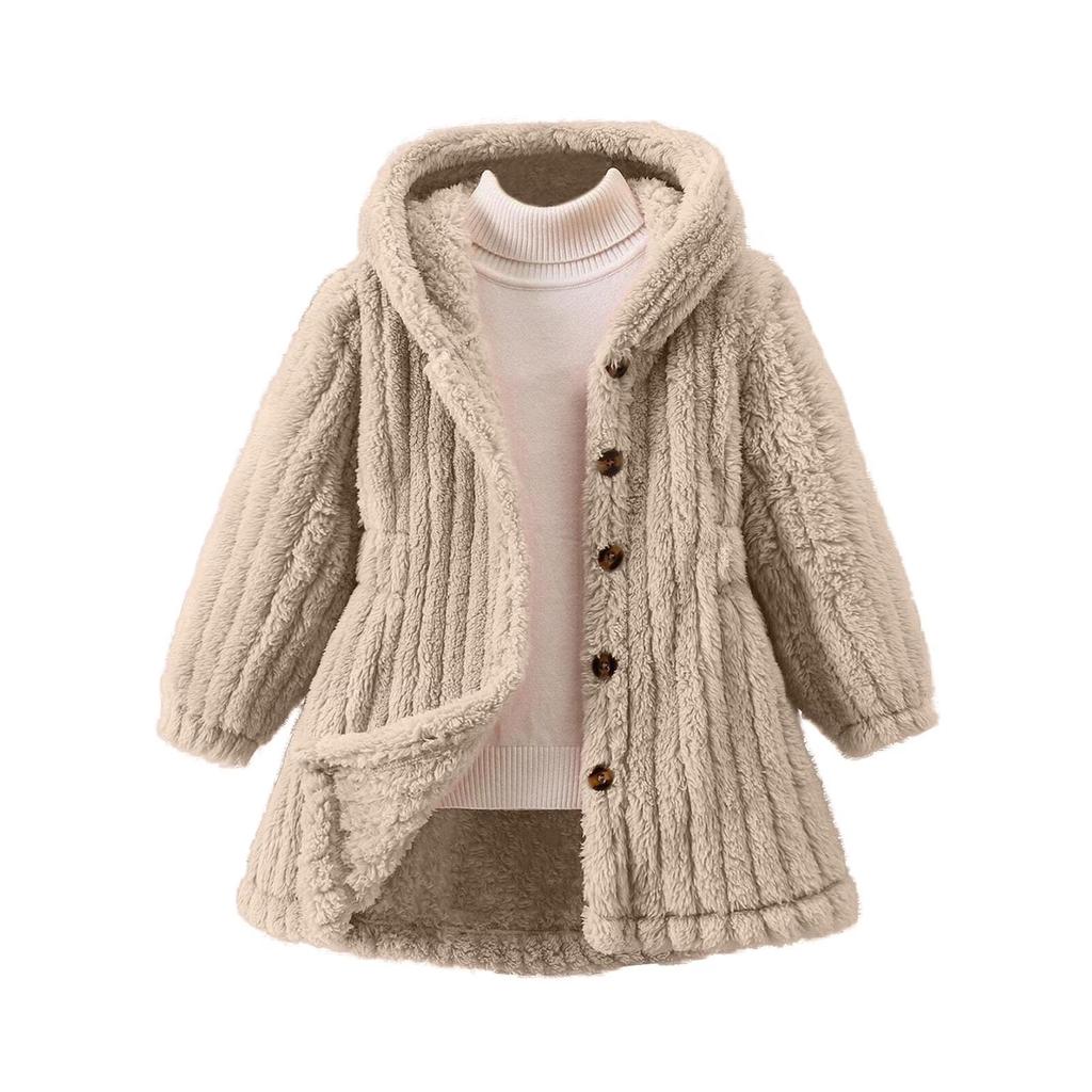 Girls' Fashionable Casual Solid Color Plush Warm Cardigan Long Sleeved Hooded Jacket