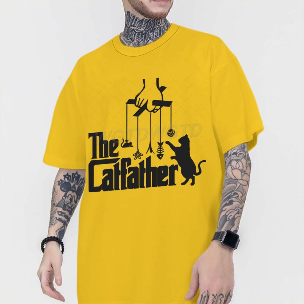 Vintage The Catfather Print T Shirt Men Fun Animal Cat Streetwear Short Sleeve Crewneck 100 Cotton Tshirts Fashion Kitten Tees