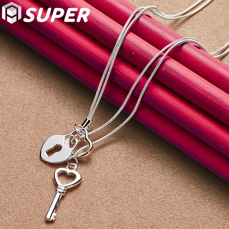 Superfeine 925 Sterling Silber Schlüssel Herz Schloss Halskette Schlangenkette Damen Hochzeit Mode Charm Schmuck