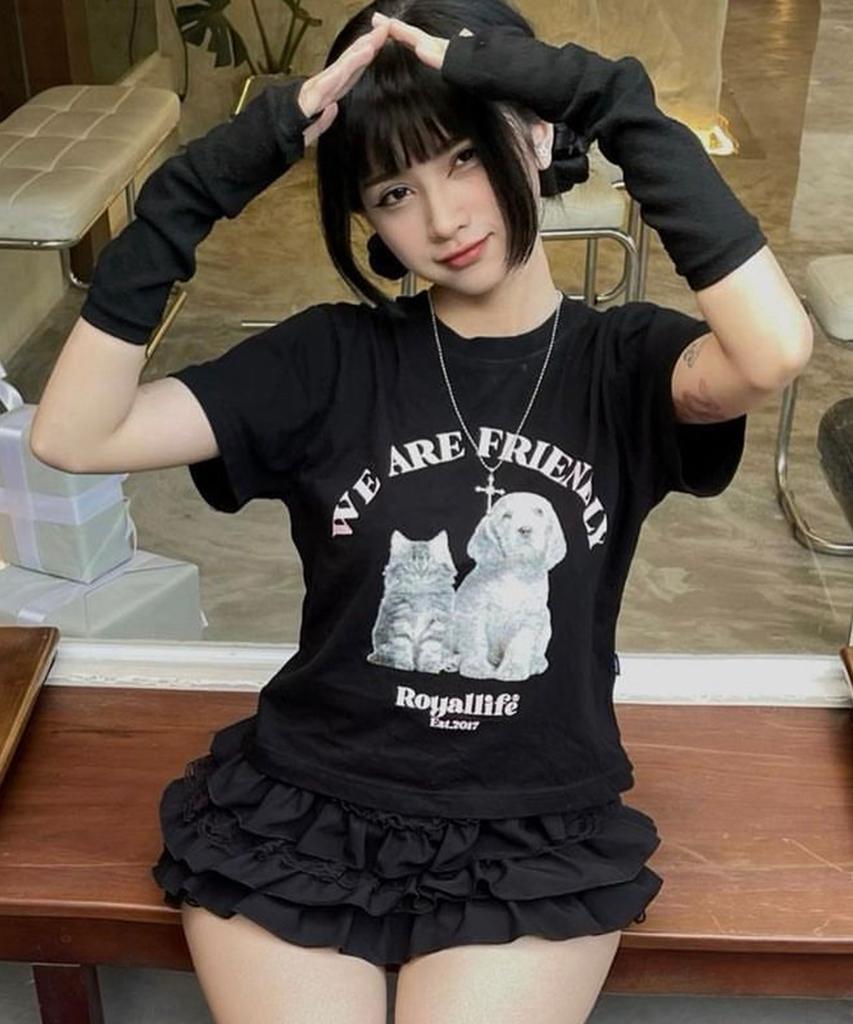 ROYALLIFE Rl1014 Cat & Dog Halftone Short Sleeve - Black