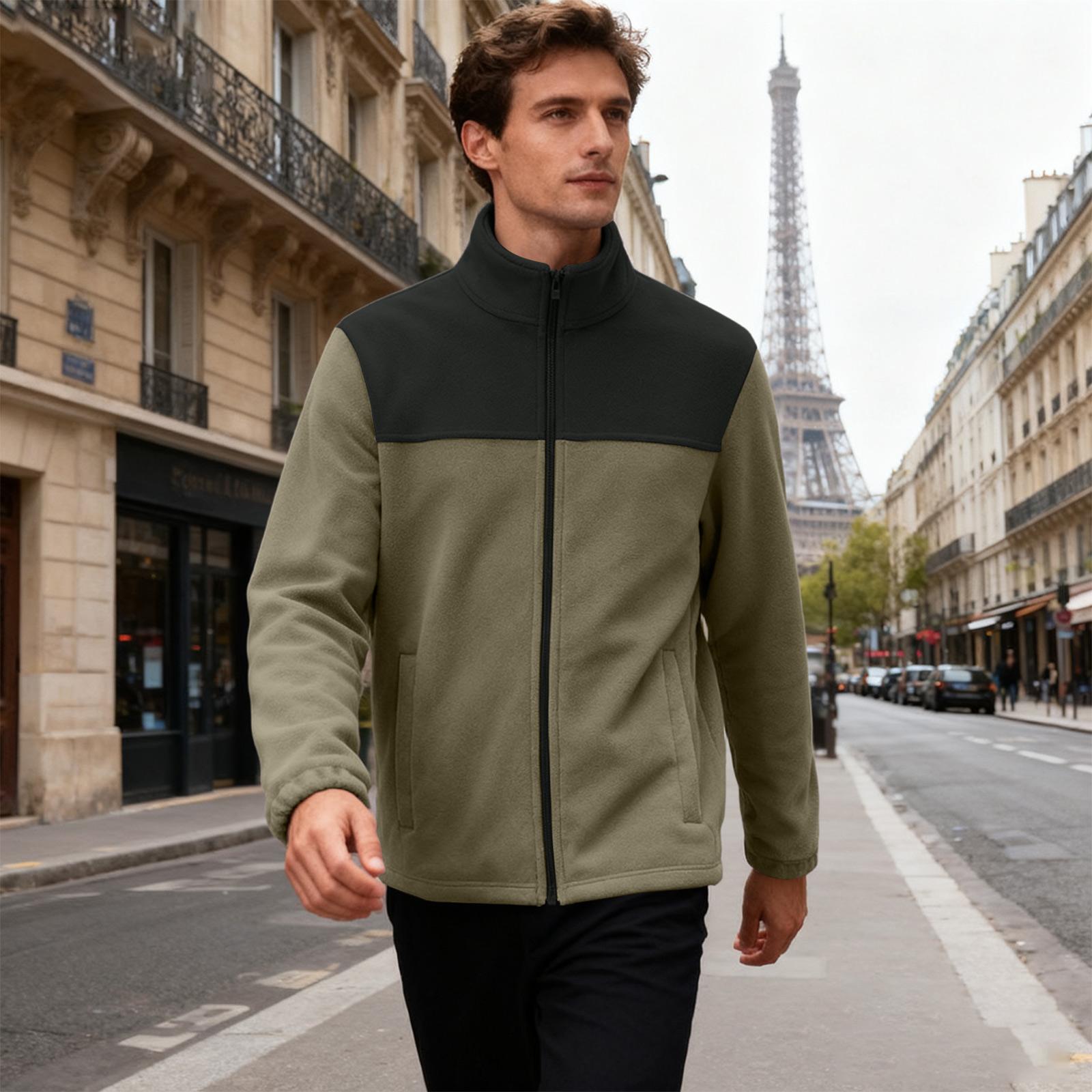 

Men s Casual Sports Loose Stand Collar Warm Fleece Zipper Cardigan Top Jacket XXL армия зеленый