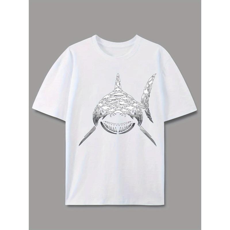 European Sizes Shark Print Trendy Graffiti Letter Print Short Sleeve Summer Regular T-Shirt For Men Crew Neck Tee Top