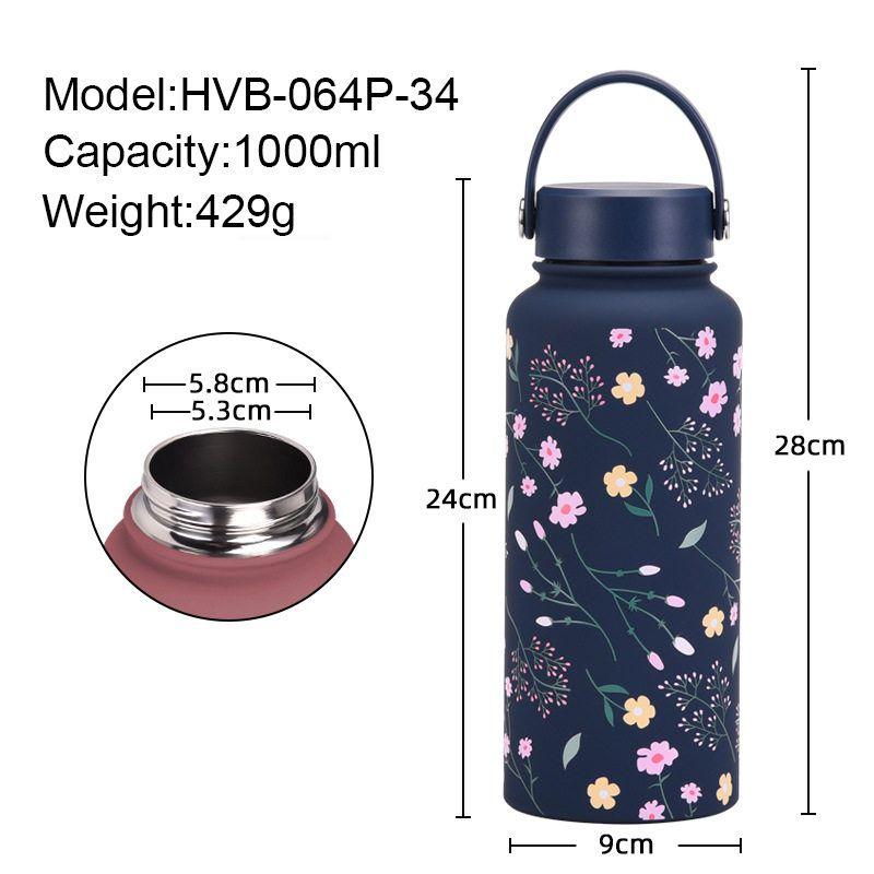 2025 New Model 1L Large Capacity Thermos Cup with Wide Mouth, Portable Handle, Sports Water Bottle, Outdoor Printed Water Cup for Women
