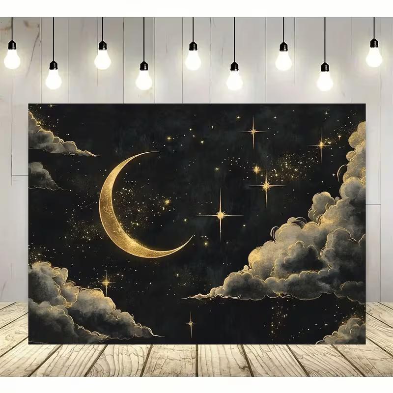 2D Elegant Golden Crescent Moon with Sparkling Stars and Clouds