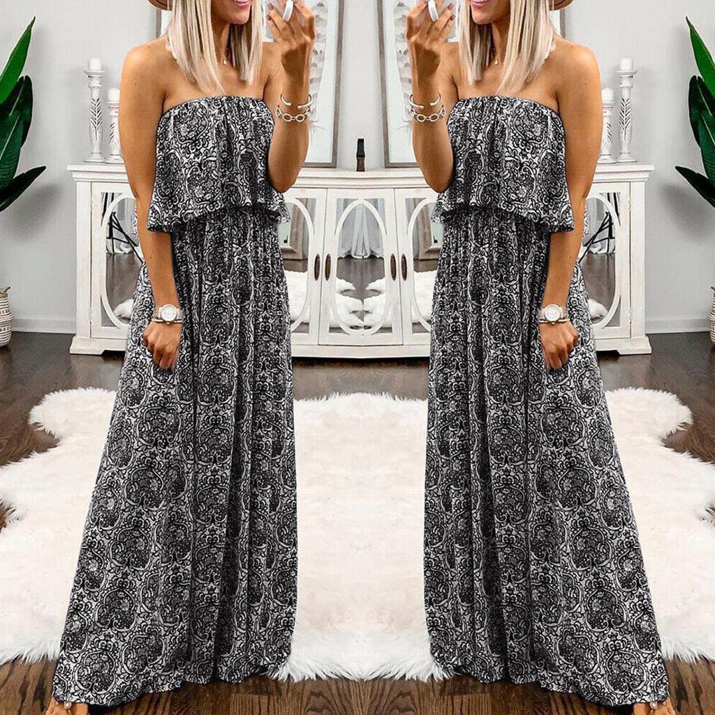 

Women Casual Boho Tube Dress Sleeveless Dress Beach Ruffle Big Swing Party Dress