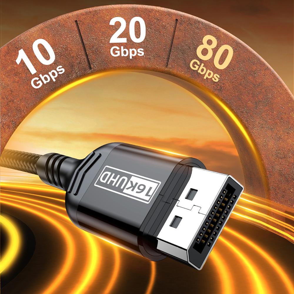 16K DP 2.1 Video Cable, 80Gbps Transfer Rate, 12Bit HDR & VRR Support, Displayport Cord For TV PC Monitor PS5 Xbox Multiple Lengths 1M 2M 3M 5M