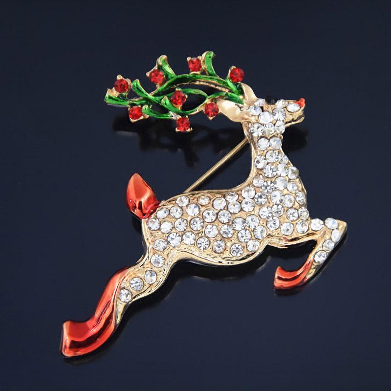 Gold-Plated Rhinestone Christmas Reindeer Brooch