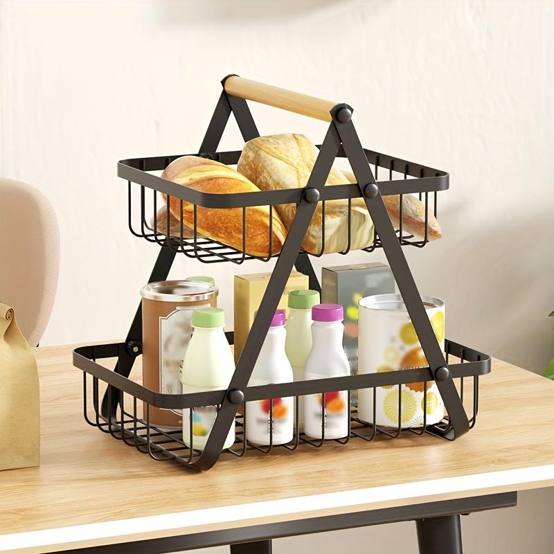 1pc 2/3 Tiers Storage Basket Countertop for Bathroom, Basket Bowl Stand Detachable Metal Wire Basket with Wooden Handle for Bathroom Storage Rack