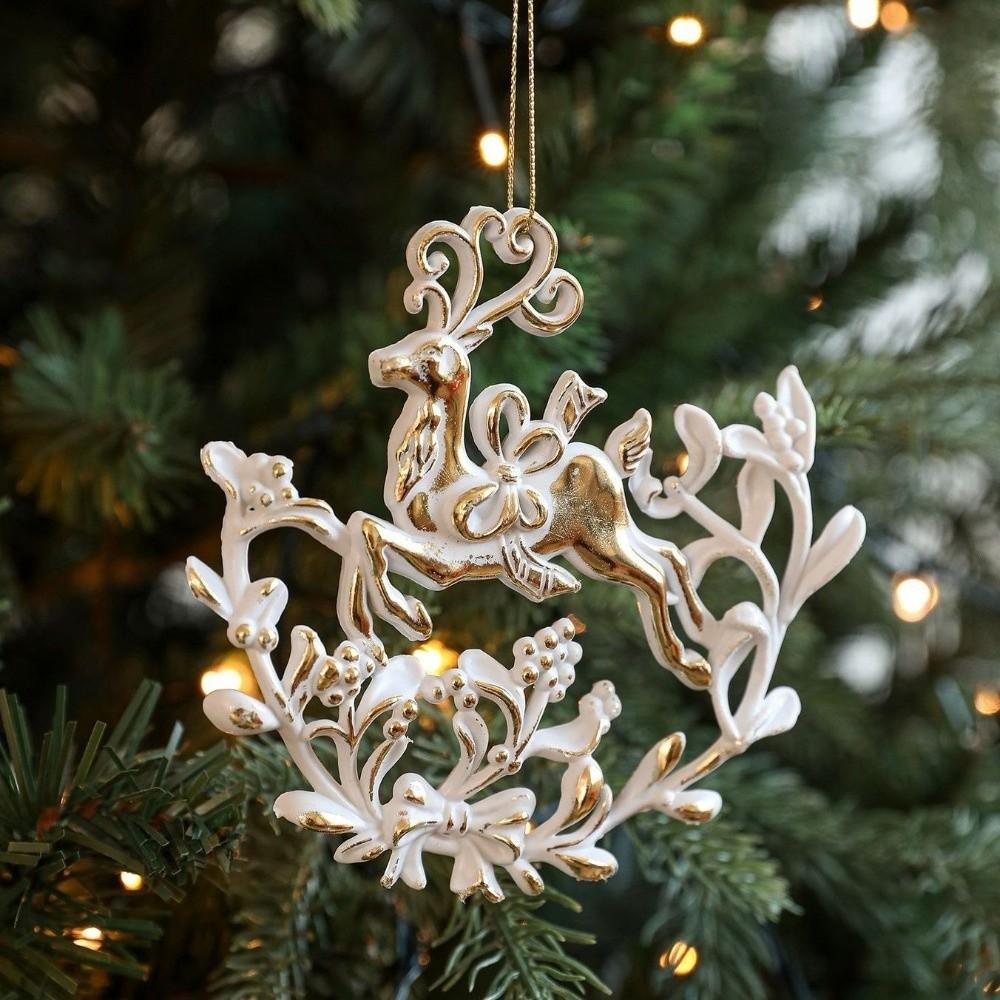 Elk Snowflake Pendant White Gold Christmas Hanging Ornament  Home Decoration