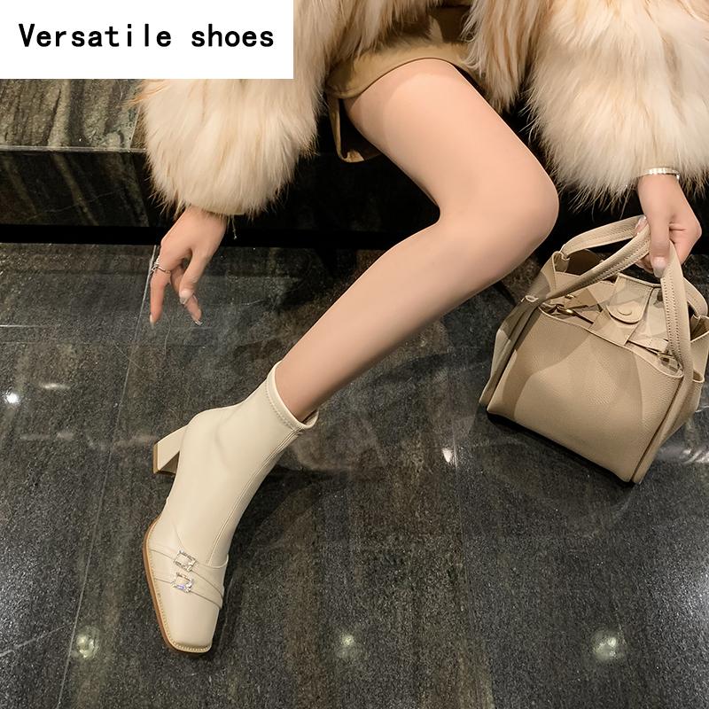 Thick Heel Ankle Boots Women Street Style Slim Square Toe Zipper Autumn Winter Rhinestone Ladies Shoes