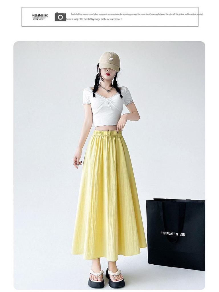 Women's Yellow High-Waist Ice Silk Pleated Long Skirt - Summer A-Line Slimming Design
