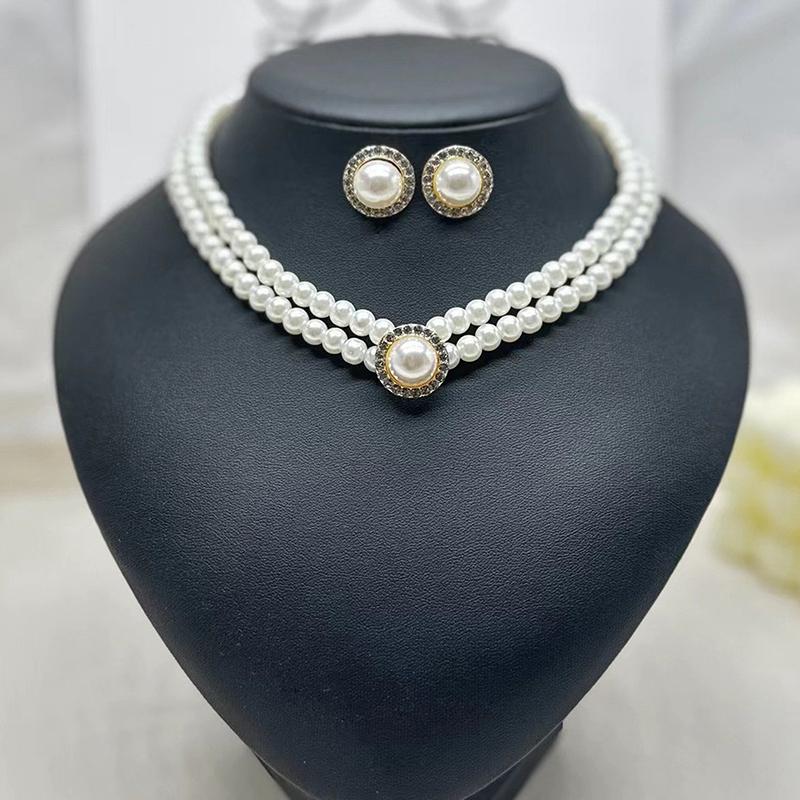Elegant Vintage Pearl Necklace Earring Set Women Party Wedding Daily Decoration Jewelry