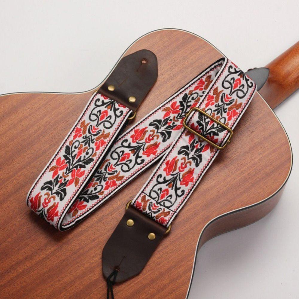 Vintage Flowers Embroidered Guitar Strap Leather Head Electric Guitar Belt Music Hobby