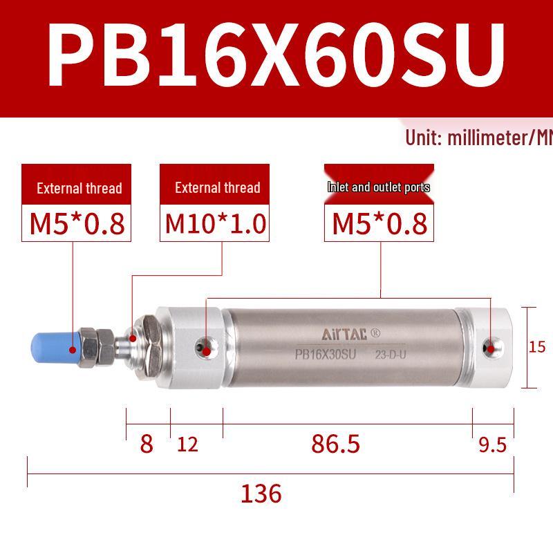 AirTAC Mini Pen-Type Pneumatic Cylinder PB16/10/12/16*10X15X20X50X75SUX100