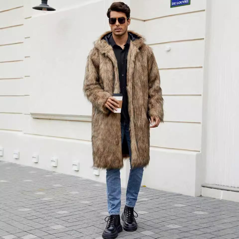 Herrenmantel aus Kunstpelz mit Kapuze Winter Lang Kunstmink Jackenmantel Flauschig Dick Trenchcoat Kunstpelzjacke für Herren Langarm Oberbekleidung Warmer Parka Übermantel