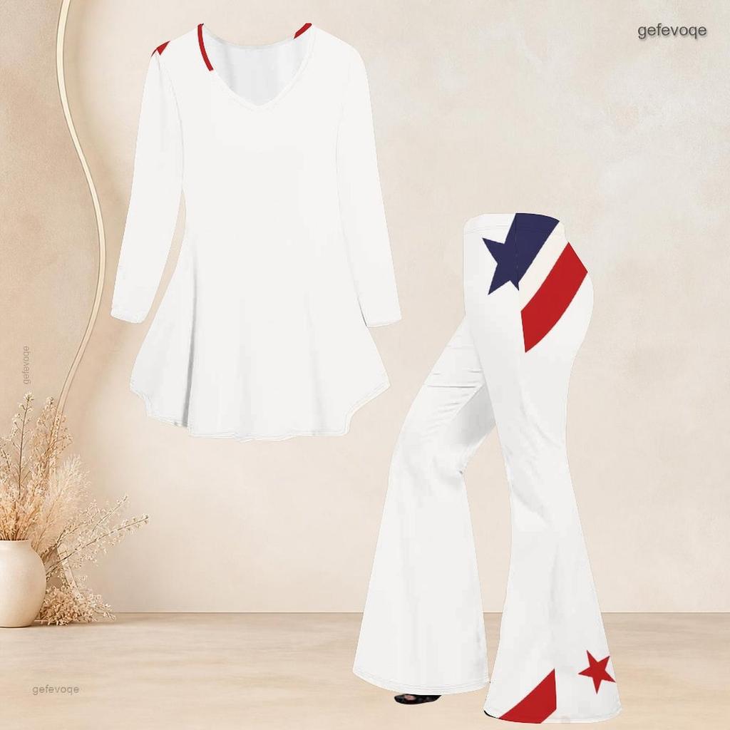 Women Plus Size Two Piece Set V Neck Long Sleeve Star Printed Flared Top And Flared Pants White Red Blue