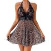 Lace Trim Leopard Print See-Through Patchwork Nightgown