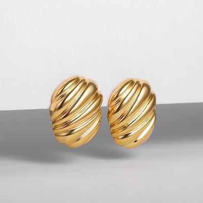 Vintage Stainless Steel Round Oval Chunky Stud Earrings for Women Polished Gold Plated Striped Texture Statement Jewelry Gifts