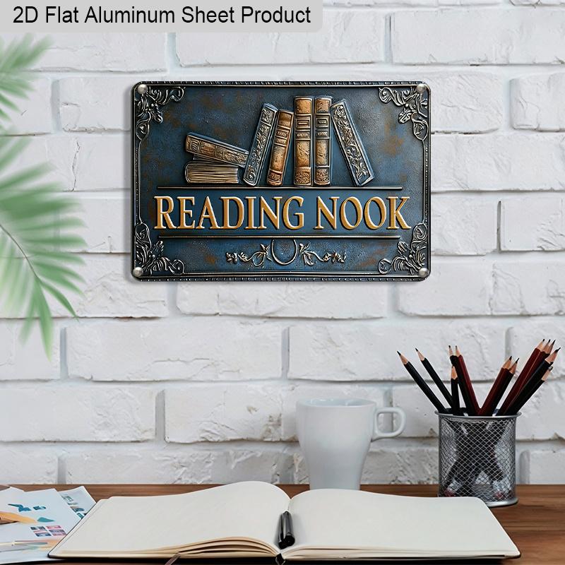 2D Flat 1pc 12"x8" Retro Book Stack Aluminium Wall Art with "READING NOOK" Quote - Vintage Home Library Decor, Classic Book Design, Durable Aluminium