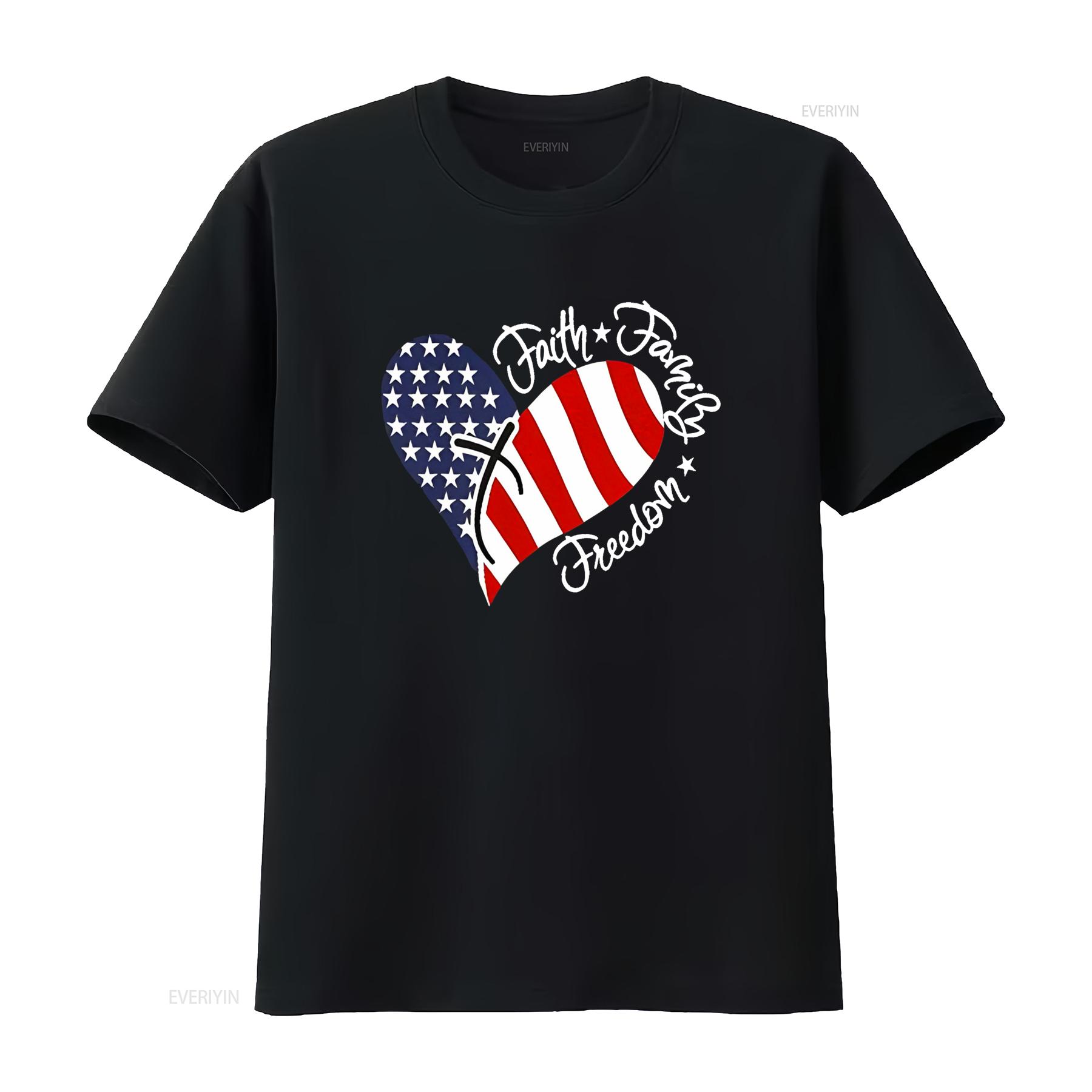 

Heart T shirt Patriotic for Women Cross American Flag USA Faith Family Freedom Star Stripes Black Tops vintage Washed Stylish 4XL