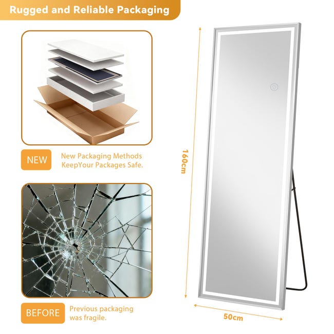LED Full-Length Smart Mirror 160 × 50 cm, HD Silver Mirror, 3-Color Lighting, Touch Control, for Bedroom, Makeup and Dressing