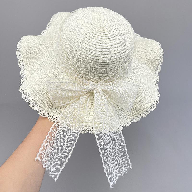 Women's Summer Korean Style Lace Trim Bowknot Wide Brim Sun Hat Sun Protection Straw Hat Beach Sweet Fisherman Hat