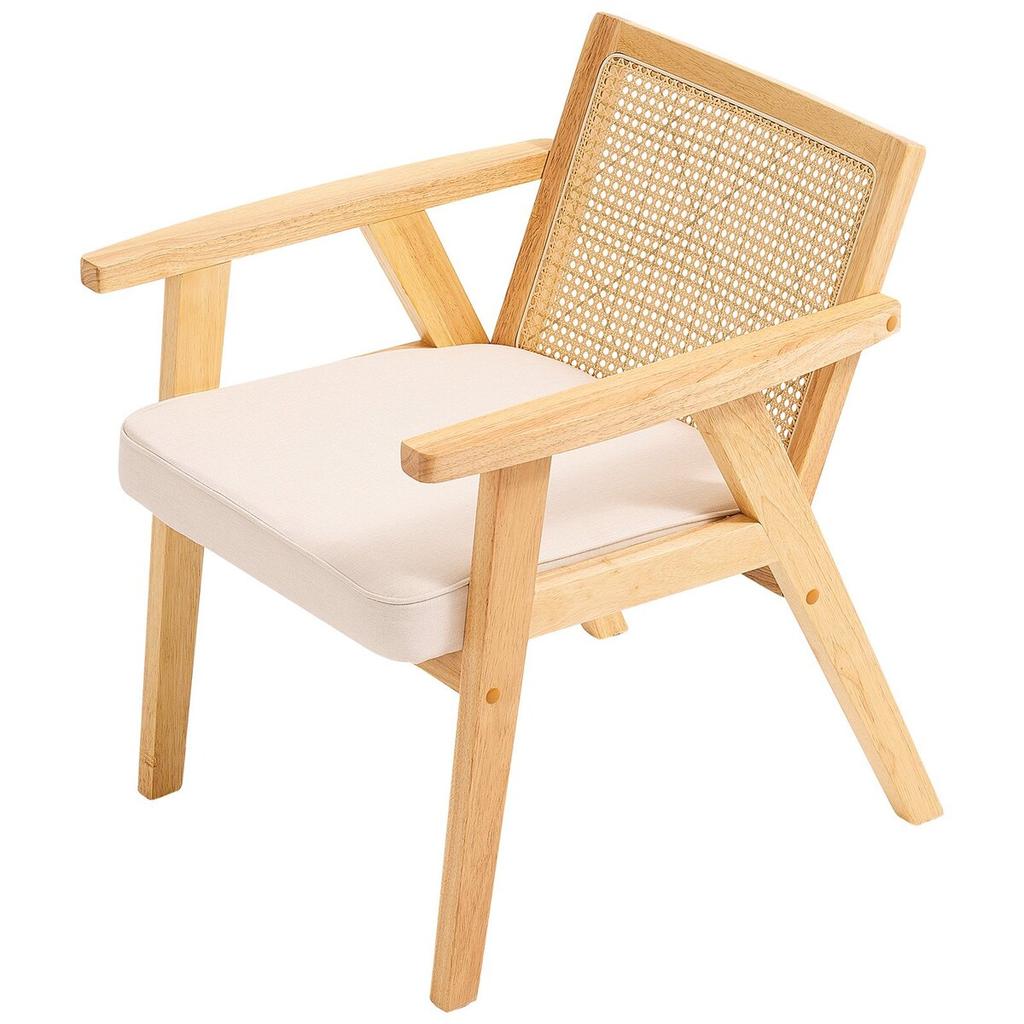 Rattan Chair, Mid Century Modern Dining Chair with Armrest, Upholstered Chair with Rattan Back, Retro Rattan Dining Room Kitchen Chair for Living