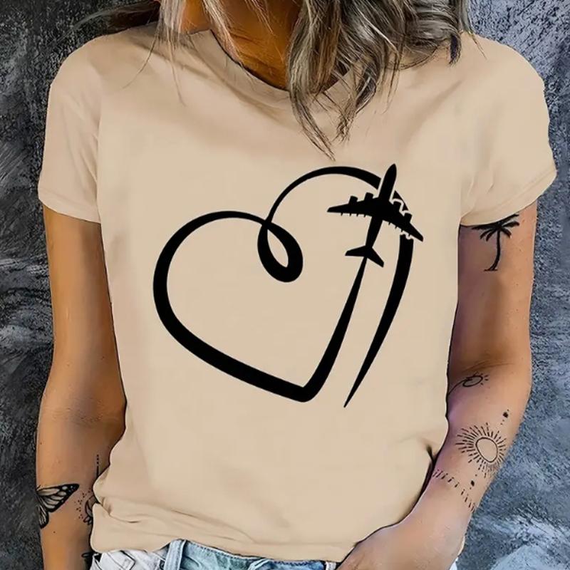 

Модная женская футболка с принтом в виде самолета в форме сердца, забавная повседневная футболка с короткими рукавами и круглым вырезом, летняя женская футболка 8XL бежевый