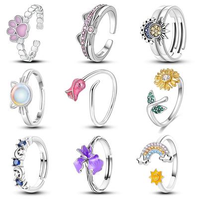 Adjustable Open Ring Pave Zircon Cute Pink Cat Plata Silver Color Finger Rings Women Jewelry Rings Gift For Girlfriend