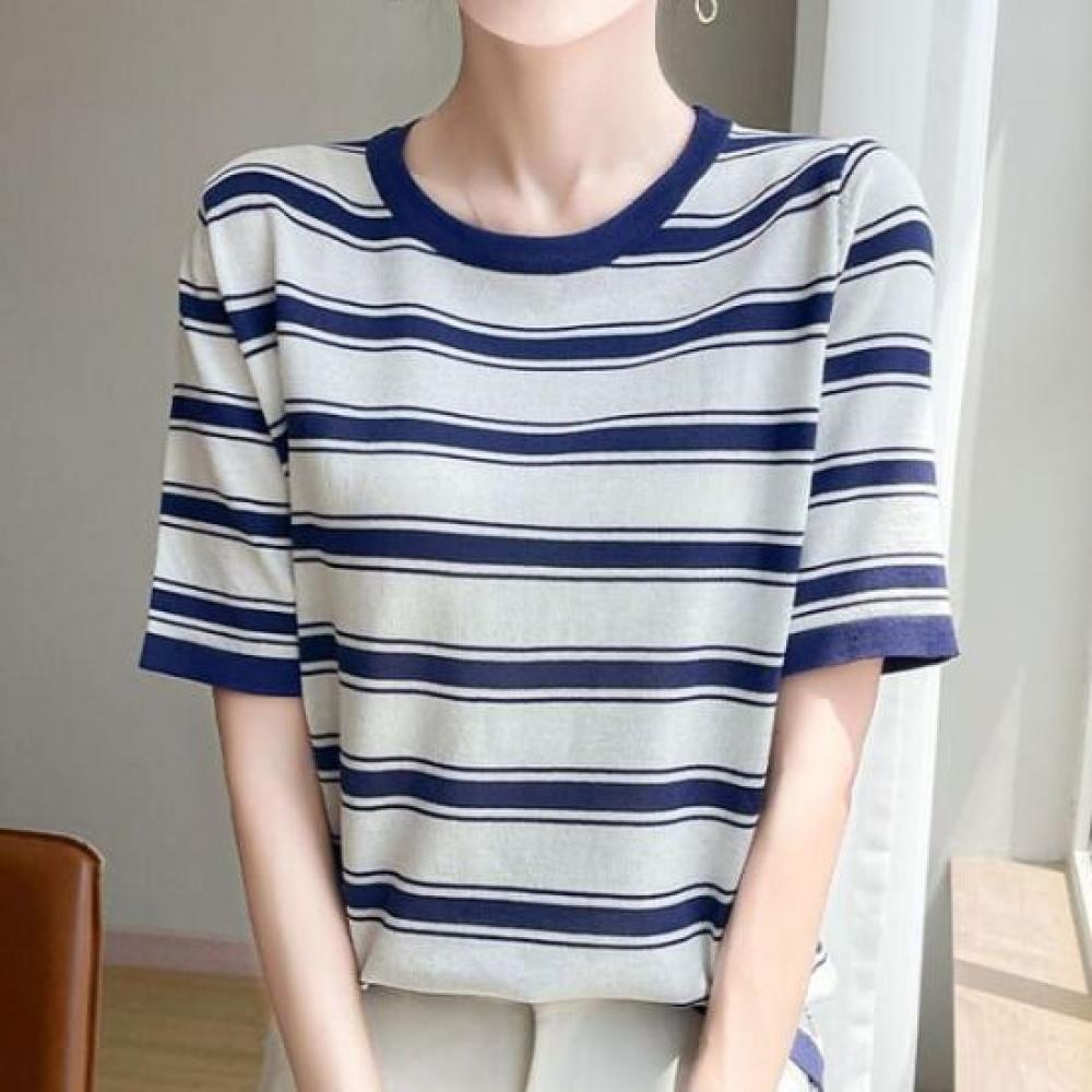 Navava Women ConTrasT STripe Round Neck ShorT Sleeve KniT T shirT Nk3033