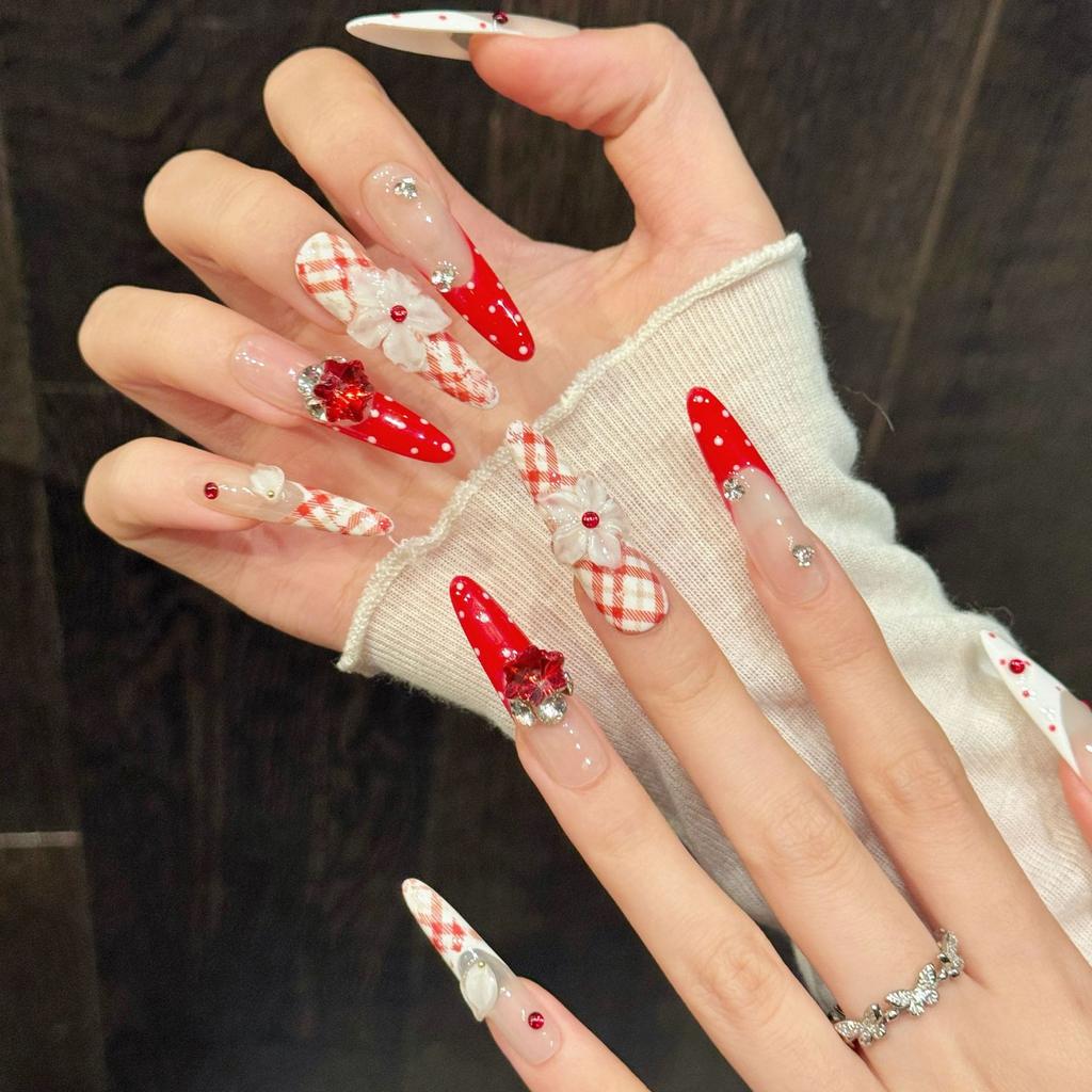 Press on Nails Long Stiletto Glitter Fake Nails Press ons with 3D Design Reusable Acrylic False Nail Full Cover Glue on Nail Stick on Nail for Women