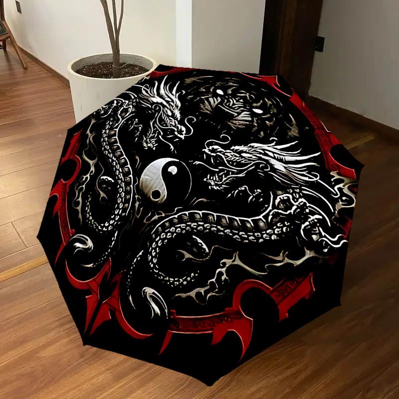 1PC Dragon Yin Yang Automatic Open/Close Umbrella with Windproof, 8-Rib Sturdy Canopy, Durable Ribs, Fashionable Design, Outdoor Accessory, Fun Prin,