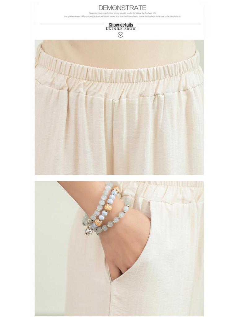 Women's Summer Silk Linen Wide-Leg Pants: Literary Solid Color, Elastic Waist, Loose Fit, Thin Fashion Leggings.